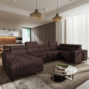 Ecksofa mit Schlaffunktion Castel IV braun linksseitig stilvolles Ecksofa mit Bettzeugcontainer und verstellbaren Kopfstützen