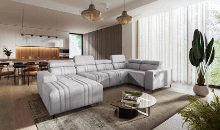 Ecksofa mit Schlaffunktion Castel IV grau Esche links stilvolles Ecksofa mit Bettkasten und verstellbaren Kopfstützen