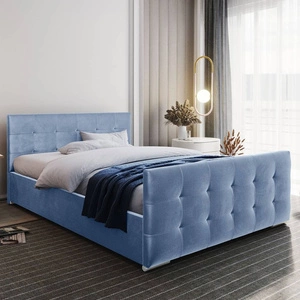 Polsterbett Verlan 140x200 blau mit Container im modernen skandinavischen Stil mit gestepptem Kopf- und Fußteil