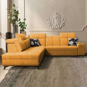 Ecksofa mit Schlaffunktion Buffalo IX gelb linke Seite stilvolles Ecksofa für Zimmer aus Velourstoff Zierkissen