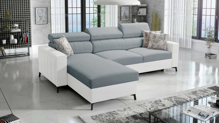 Ecksofa mit Schlaffunktion Savona arktisblau/weiß links elegantes Ecksofa verstellbare Kopfstützen Ziernähte 