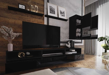 Kiria schwarz / schwarz glänzend Universelle und stilvolle Wohnwand mit Push-to-Open-System für Türen und Schubladen