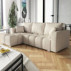 Ecksofa mit Schlaffunktion Linco hellbeige universal Ecksofa für Wohnzimmer mit modernem Design aus Boucle-Stoff