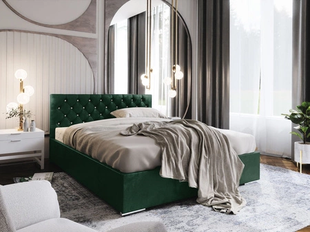 Polsterbett Bauru 140x200 flaschengrün mit Container im modernen skandinavischen Stil mit gestepptem Kopfteil mit Kristallen