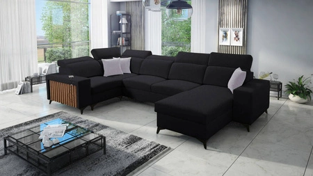 Ecksofa mit Schlaffunktion Kelly IV schwarz rechts geflochten bequemes Ecksofa verstellbare Kopfstützen seitlich mit Latten verkleidet