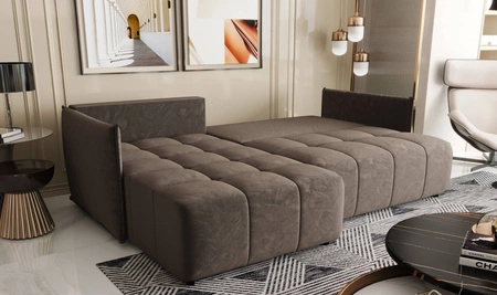 Schlafsofa Oroso hellbraun links Sofa weicher Samtstoff mit hydrophober Beschichtung Bettzeug Container