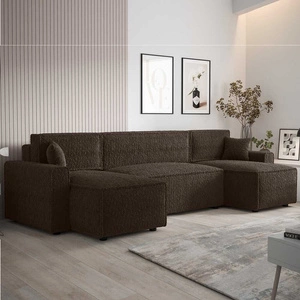 Ecksofa mit Schlaffunktion Brandon U Bis brauner Bettzeugbehälter Armlehnen Stoff mit ausgeprägter Schlingenoberfläche
