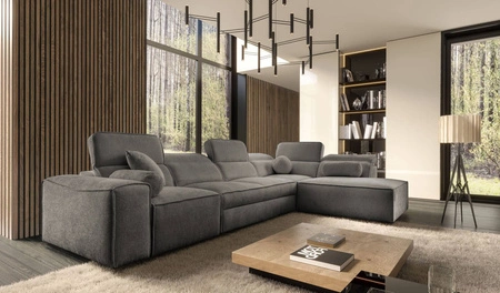Ecksofa mit Schlaffunktion Viano XI grau rechte Seite modisches und stilvolles Ecksofa mit verstellbaren Kopfstützen Zierkissen