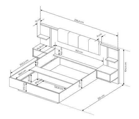 Bett Beloit 160x200 cm mit Bettzeugcontainer und Nachttischen beige teilgepolstertes Kopfteil integrierte LED Beleuchtung