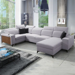 Kelly IV Ecksofa mit Schlaffunktion graue Esche rechts geflochten bequemes Ecksofa verstellbare Kopfstützen seitlich mit Lattenverkleidung