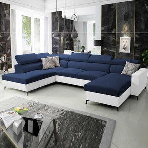Ecksofa mit Schlaffunktion Savona VI blau / weiß rechts elegantes und bequemes Ecksofa für das Wohnzimmer zwei Container für Bettzeug