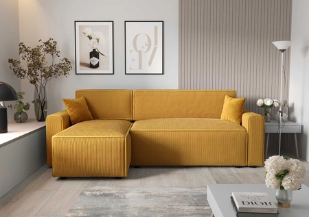 Ecksofa mit Schlaffunktion Brandon Bis honigfarben links dreidimensionaler Stoff mit ausdrucksstarken Streifen Bettzeugbehälter