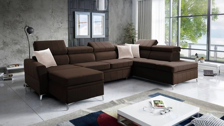 Ecksofa mit Schlaffunktion Rava VI braun links praktisches und modernes Ecksofa ausgestattet mit einer Multifunktionslampe