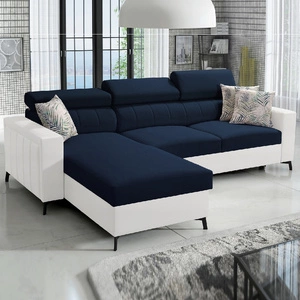 Ecksofa mit Schlaffunktion Savona marineblau/weiß links elegantes Ecksofa mit verstellbaren Kopfstützen Ziernähte