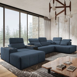 Ecksofa mit Schlaffunktion Tesalia V blau links Komfort-Ecksofa mit Schublade und Schiebefunktion der Rückenlehne