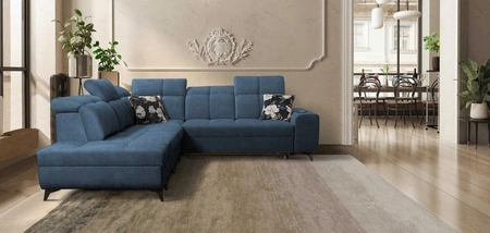 Ecksofa mit Schlaffunktion Buffalo IX blau linke Seite stilvolles Ecksofa für Zimmer aus Velourstoff Zierkissen