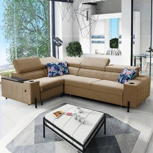 Ecksofa mit Schlaffunktion Belvi II dunkelbeige links elegantes und ergonomisches Ecksofa für das Wohnzimmer praktischer Stauraum an der Seite
