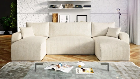 Ecksofa mit Schlaffunktion Fiesta U beige stilvolles Ecksofa mit interessanter Form strapazierfähiger Kordstoff Bettzeugcontainer