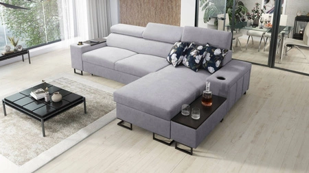 Ecksofa mit Schlaffunktion Flavio graue Esche rechts bequemes elegantes Ecksofa mit einer seitlich zu öffnenden Verlängerungsstange des Möbels