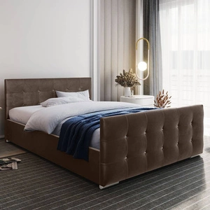 Polsterbett Alford 140x200 hellbraun mit Stauraum im modernen skandinavischen Stil mit gestepptem Kopf- und Fußteil mit Kristallen besetzt