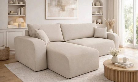 Ecksofa mit Schlaffunktion Fiesta hellbeige universal Ecksofa aus Stoff mit Plüschoberfläche Bettzeugcontainer