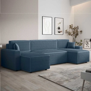 Ecksofa mit Schlaffunktion Brandon U Bis blauer Bettzeugcontainer dreidimensionaler Stoff mit ausdrucksvollen Streifen weiche Armlehnen