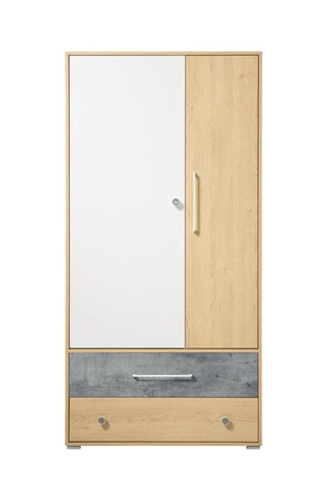 Kleiderschrank Cary 90 cm Biskuit Eiche / Weiß / Beton ideal für das Jugendzimmer funktionaler Kleiderschrank mit Schubladen
