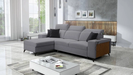 Kelly Ecksofa mit Schlaffunktion grau links geflochten Komfort und Funktionalität Eckseite mit Latten abgeschlossen