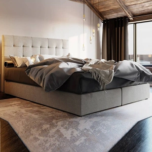 Boxspringbett Widnes 180x200 beige Bett im modernen skandinavischen Stil mit markantem Kopfteil