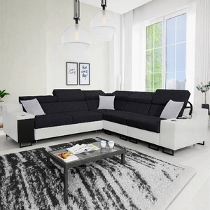 Ecksofa mit Schlaffunktion Alcamo III schwarz / weiß rechts Funktions-Ecksofa mit Schublade in der Seite zwei Behälter für Bettzeug