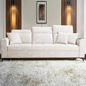 Sofa mit Schlaffunktion Laredo creme bequemes und stilvolles Wohnzimmersofa mit verstellbaren Kopfstützen weicher Veloursstoff