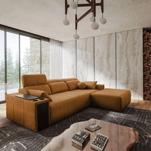 Ecksofa mit Schlaffunktion Tesalia Honig rechte Ecke modernes Design komfortable Schiebelehne Schublade in der Seite des Möbels