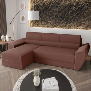 Ecksofa mit Schlaffunktion Fogu II Indian pink linke Seite stilvolles Ecksofa mit bequemen Armlehnen und Bettzeugcontainer