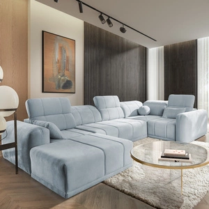Ecksofa mit Schlaffunktion Cetara IV blau linke Seite stilvolles Eckdesign mit verschiebbaren Rückenlehnen zwei Bettzeugkästen