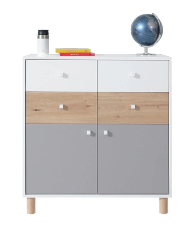 Kommode mit Schubladen Beja 85 cm weiß / Eiche artisan / grau ideal für das Jugendzimmer funktionell und geräumig