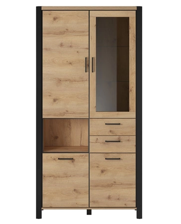 Aktiv 100 cm Eiche taurus / schwarz stilvolles Design sichere Vitrine aus gehärtetem Glas mit Schublade im industriellen Stil