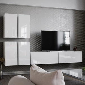 Malaga Schrankwand weiß glänzend ergonomisch und funktional geometrisch inspiriert, um Ihr Interieur optisch zu vergrößern, an der Wand hängen