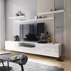 TV-Schrank Plomari 258 cm weiß / weiß glänzend mit Einlegeböden minimalistisches Design in einer modernen Anordnung geräumige Schubladen