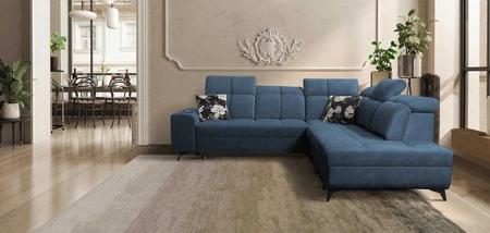 Ecksofa mit Schlaffunktion Buffalo IX blau rechte Seite stilvolles Ecksofa für Zimmer aus Velourstoff Zierkissen
