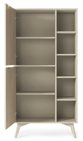 Bücherregal Wald 80 cm beige/beige Fischgrätenmuster Skandinavisches Design stabiles hohes Beine Bücherregal mit Türen für Wohnzimmer geschmackvolles Fischgrätenmuster