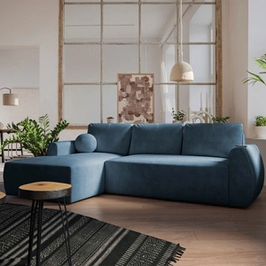 Ecksofa mit Schlaffunktion Colio blau linke Seite stilvolles Ecksofa mit interessanter Form Veloursstoff Zierkissen Ball