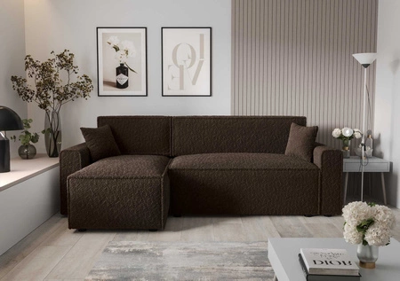 Ecksofa mit Schlaffunktion Brandon Bis braun linke Seite weicher Stoff mit charakteristischer Schlingenoberfläche Bettzeugbehälter