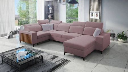 Ecksofa mit Schlaffunktion Kelly IV lavendel rosa rechtsseitig geflochtenes bequemes Ecksofa verstellbare Kopfstützen seitlich mit Latten verkleidet