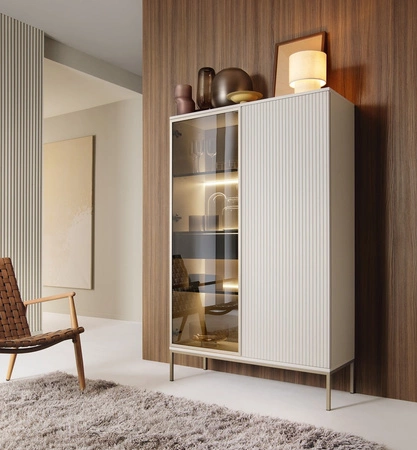 Amma 104 cm beige Vitrine mit Schublade moderne Form stilvolle Wohnzimmerausführung push to open system