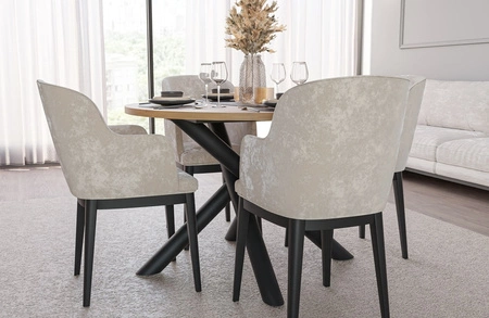 Runder Tisch Lyon 110 cm Eiche artisan / schwarzer Designer-Esstisch auf Metallspinnenbeinen höhenverstellbar