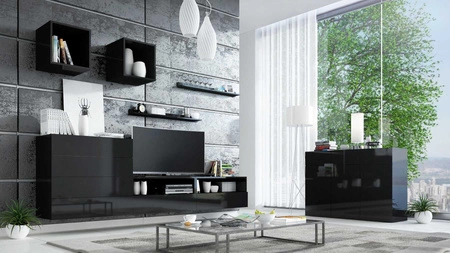 Psaru-Möbelset schwarz/schwarz glänzend moderne Design-Wohnwand für Wohnzimmer oder Lounge mit Hochglanzfronten