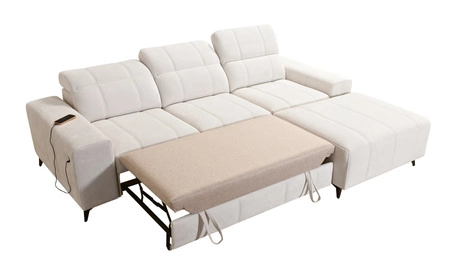 Ecksofa mit Schlaffunktion Penejos creme rechts elegantes Ecksofa mit Bettzeugablage bequem verstellbare Kopfstützen