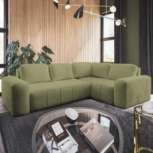 Ecksofa mit Schlaffunktion Bovec II grüne Olive rechts komfortables Ecksofa mit stilvollem Charakter Container für Bettzeug