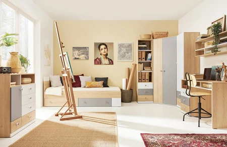 Bett mit Schubladen Pixel 120x200 cm Biskuit Eiche / weiß / grau modernes Design Bettumrandung mit speziellen ABS-Furnier fertig