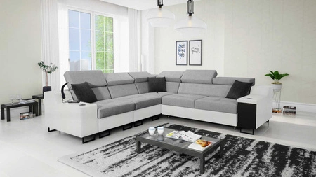 Ecksofa mit Schlaffunktion Alcamo III grau / weiß links Funktions-Ecksofa mit einer Schublade in der Seite zwei Behälter für Bettzeug